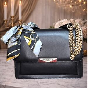 Michael Kors Black Leather Shoulder Bag w/ Gold Chain Strap + FREE Bag Scarf